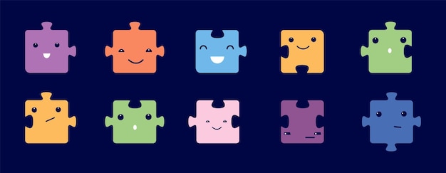 Leuke cartoon puzzel set kawaii blije gezichten puzzel elementen diverse spelsymbolen kleurrijke vector collectie voor kinderen spelen of onderwijs