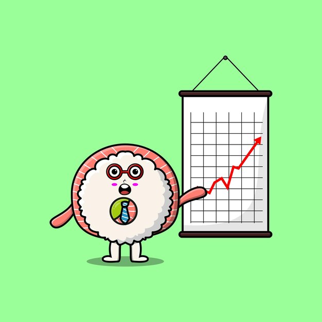 Leuke cartoon Rijstsushi rolt sashimi zakenman presenteren informatie in plat modern stijlontwerp
