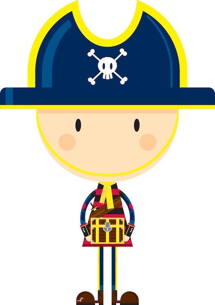 Leuke cartoon roekeloze piratenkapitein met schatkist