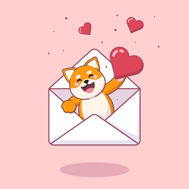 Leuke cartoon shiba inu-hond in een brievenenvelop met een liefdeshart