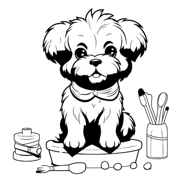Vector leuke cartoon shih tzu hond die in een bad zit en tanden poetsen