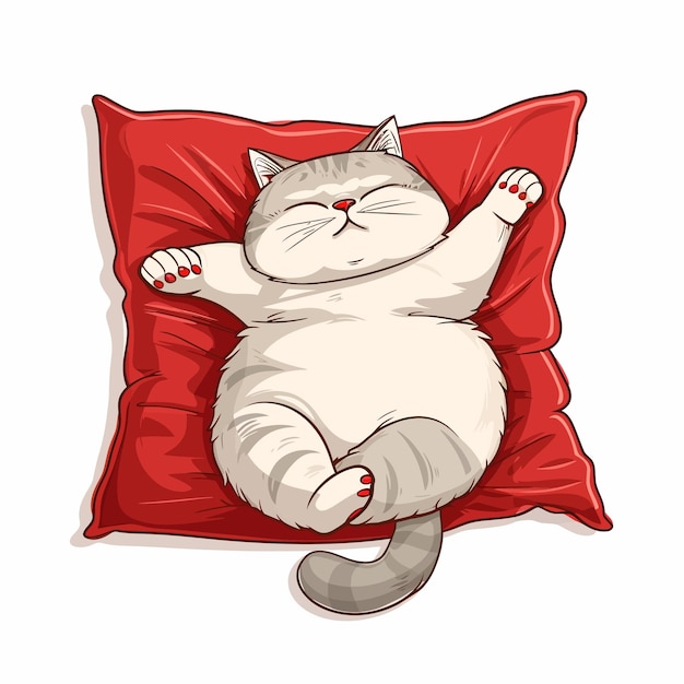Vector leuke cartoon slapende dikke kat die op een rood pad ligt.