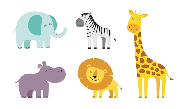 Leuke cartoon stijl giraf olifant leeuw zebra en nijlpaard tekening afrikaanse baby wilde dieren set soort