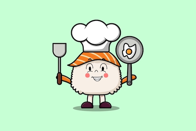 Leuke cartoon Sushi chef met pan en spatula