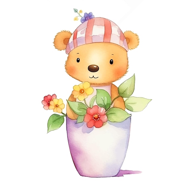 Leuke cartoon teddy en vaas met bloemen aquarel ilustration