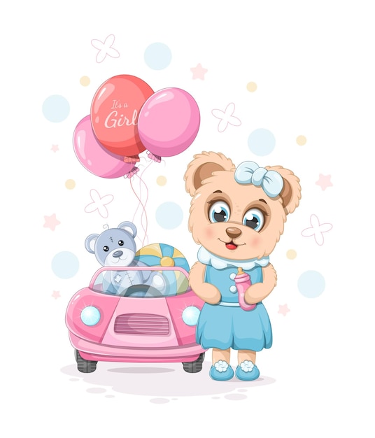 Leuke cartoon teddybeer met babyfles speelgoed bal auto en ballonnen