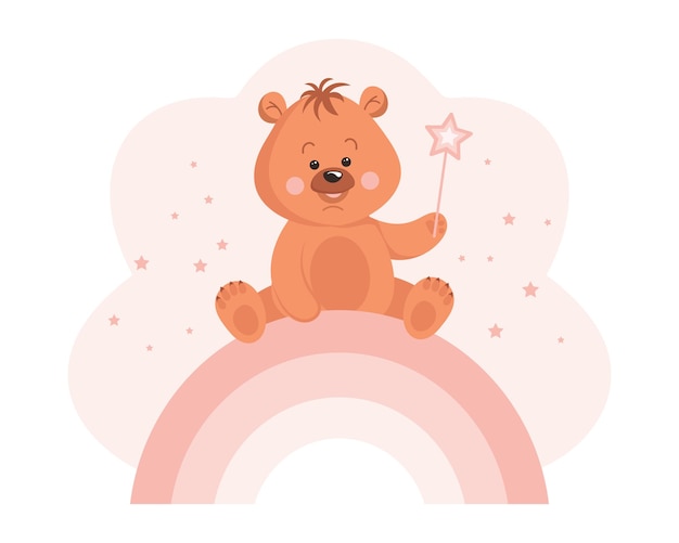 Leuke cartoon teddybeer met een toverstaf op een regenboog Baby illustratie wenskaart vector