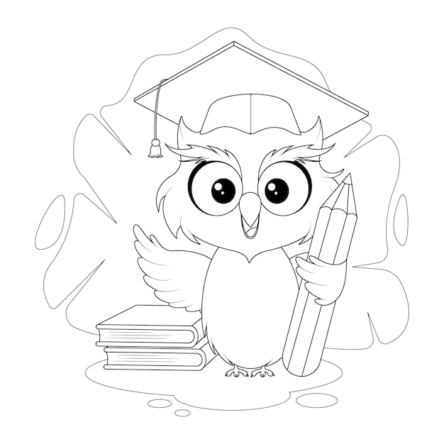 Leuke cartoon uil met afstudeerkap boeken en potlood