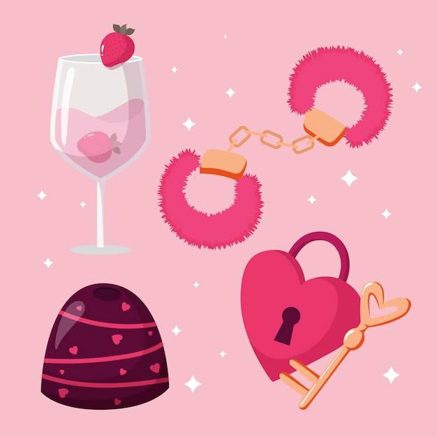 Leuke cartoon valentijnsdag elementen roze bont handboeien hartslot en sleutel wijnglas met cupcake en chocoladesuikergoed