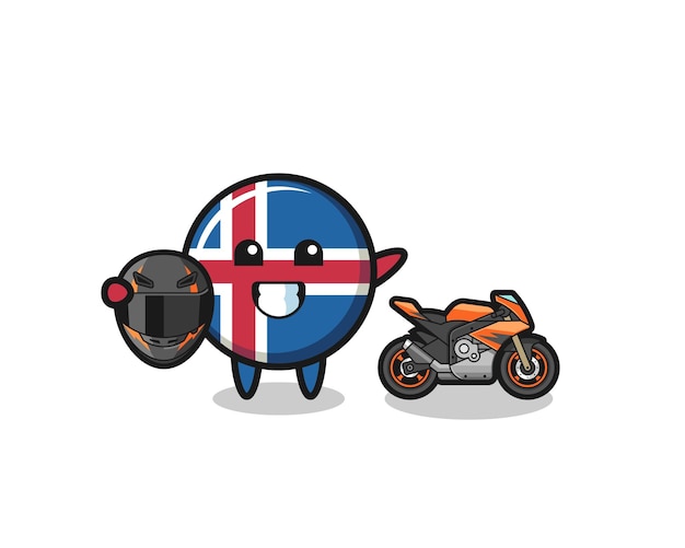 Leuke cartoon van de vlag van IJsland als schattig ontwerp van een motorcoureur