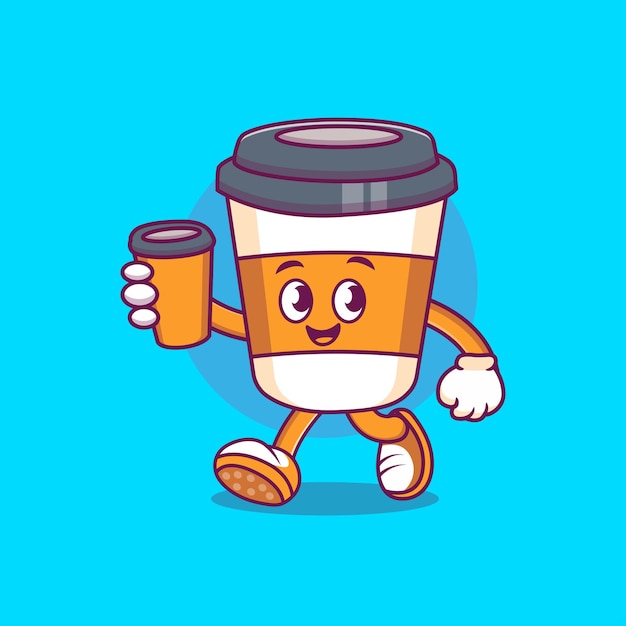 Vector leuke cartoon van een koffiekop met een beker in de hand.