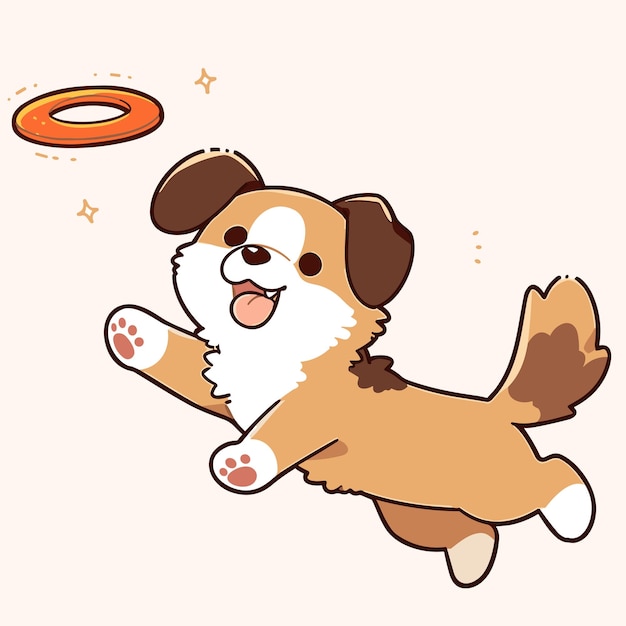 Leuke cartoon van een puppy die met frisbee speelt.