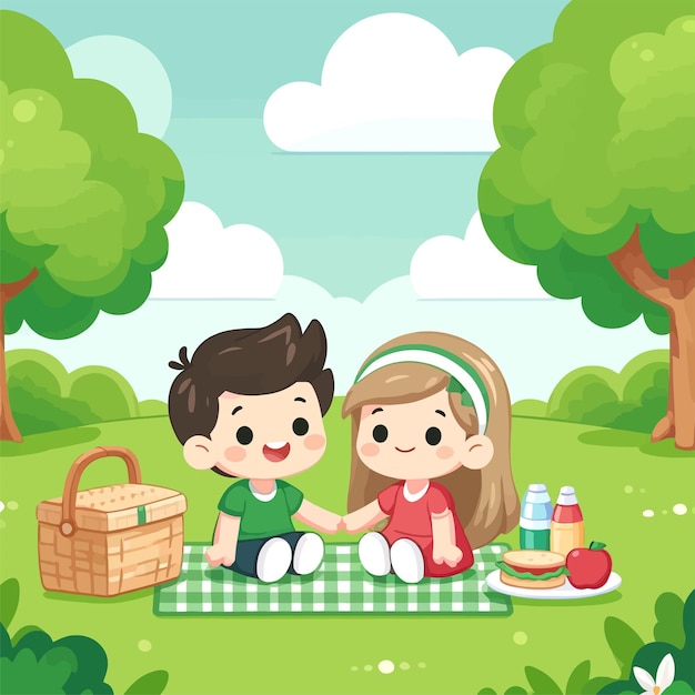 Leuke cartoon van kinderen die een picknick hebben in het park.