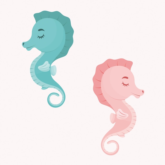 Leuke cartoon vector illustratie van blauwe en roze zeepaarden hild cartoon personage