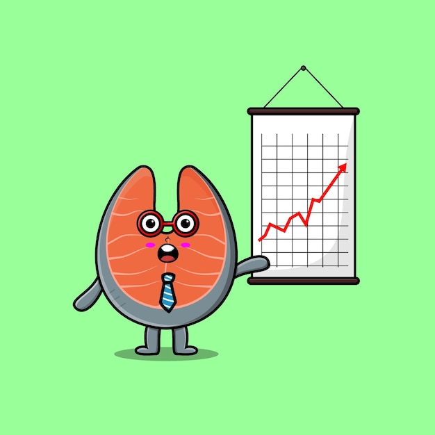 Leuke cartoon verse zalm zakenman presenteert informatie in plat modern stijlontwerp