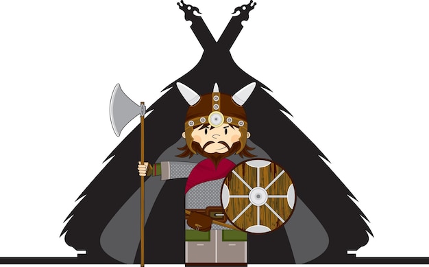 Leuke cartoon Viking krijger met bijl op Homestead Noorse geschiedenis illustratie