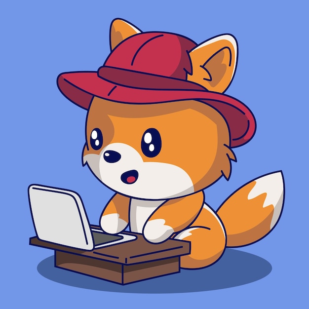 Leuke Cartoon vos met hoed en laptop computer vector illustratie eps 10