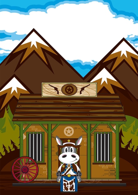 Vector leuke cartoon wild west donkey cowboy sheriff bij de jailhouse-illustratie