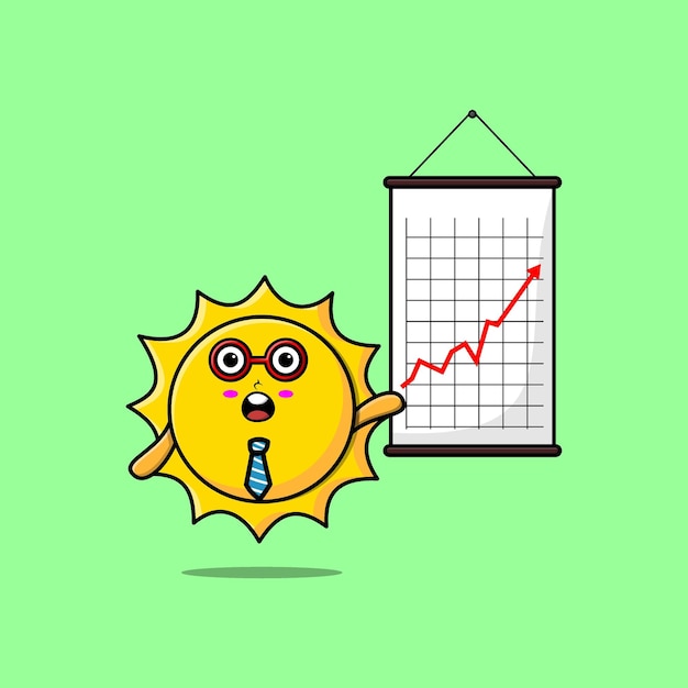 Leuke cartoon zon zakenman presenteren informatie in 3D-moderne stijl ontwerp