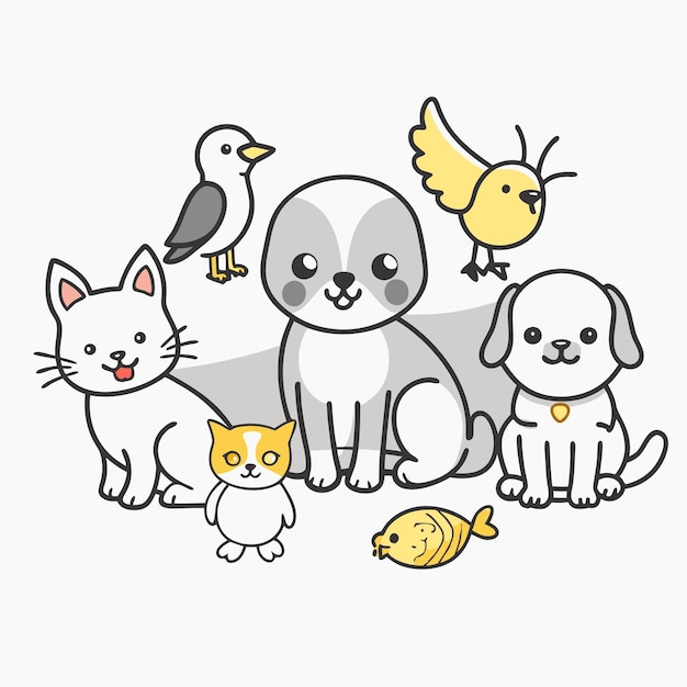 Leuke cartoondieren, waaronder een kat, een hond, een vogel en een vis die allemaal glimlachen.