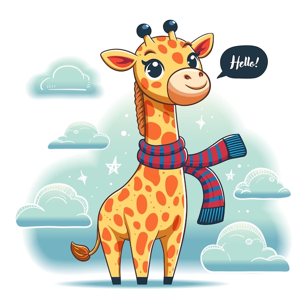 Leuke cartoongiraffe met sjaal en wolken Vectorillustratie