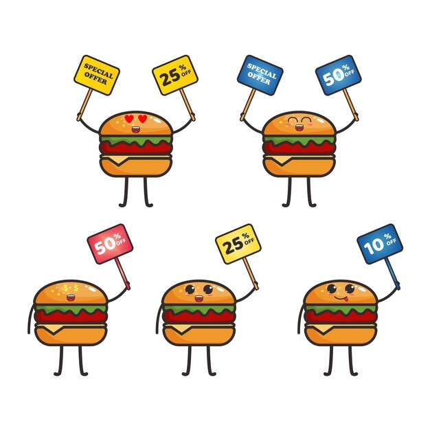 Vector leuke cartoonhamburger die een teken omhoog houdt dat tekstvakkorting