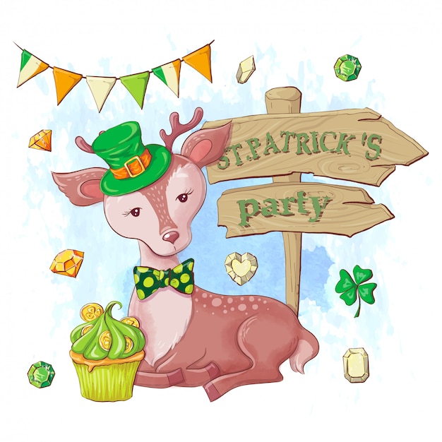 Leuke cartoonherten en partijwijzer, kaart voor St. Patrick's Day. Vector illustratie