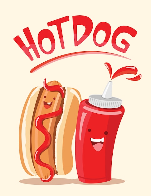 Vector leuke cartoonillustratie van een hotdogsandwich en een ketchupfles