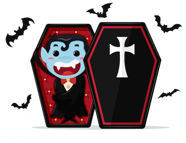 Leuke cartoonjongen die kostuum dracula draagt Geniet van de partij op Halloween.