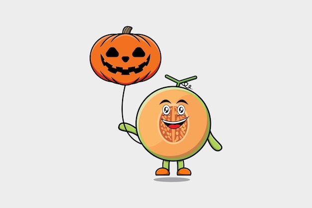 Leuke cartoonmeloen die met de ballon van pompoenhalloween in de vlakke illustratie van het beeldverhaalpictogram drijft