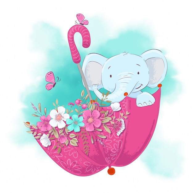 Vector leuke cartoonolifant in een paraplu met bloemen.