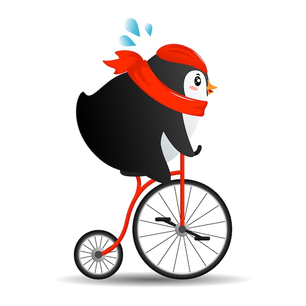 Leuke cartoonpinguïn op fiets met een rode sjaal