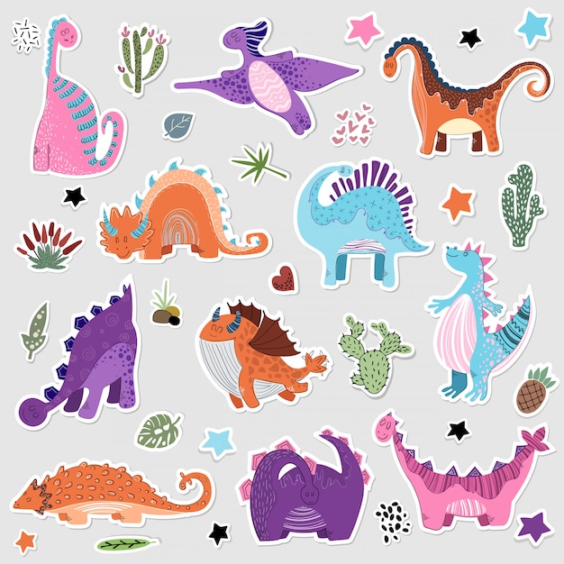 Leuke cartoonreeks stickers van dino - vector