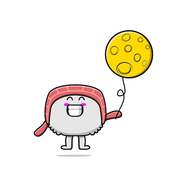 Leuke cartoonsushi drijvend met maanballon