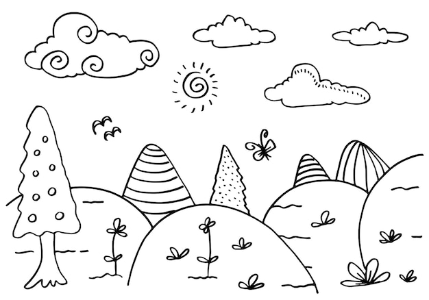 Leuke cartoonweide met bergen, planten, wolken en zon