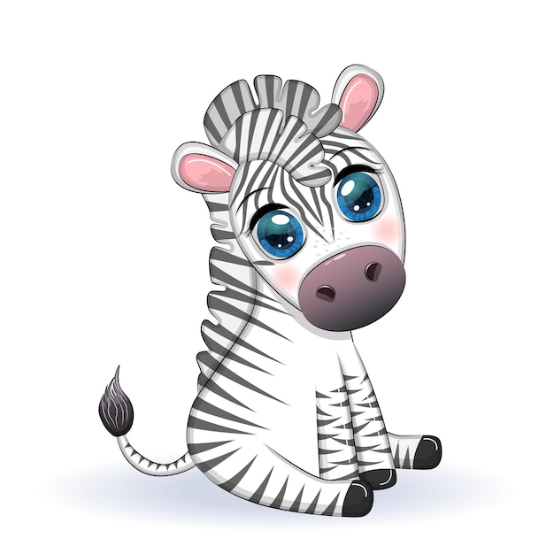 Vector leuke cartoonzebra zit en zwaait met zijn staart kinderkarakter