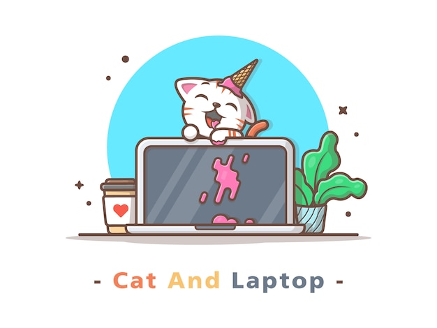 Vector leuke cat eat ice cream op laptop met koffie en installatie vectorillustratie