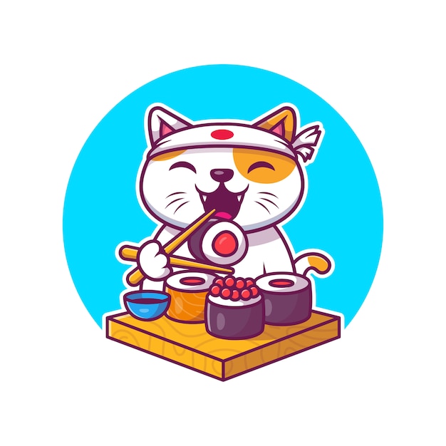Vector leuke cat eating sushi cartoon icon illustration. voedsel dier pictogram concept geïsoleerd. flat cartoon stijl