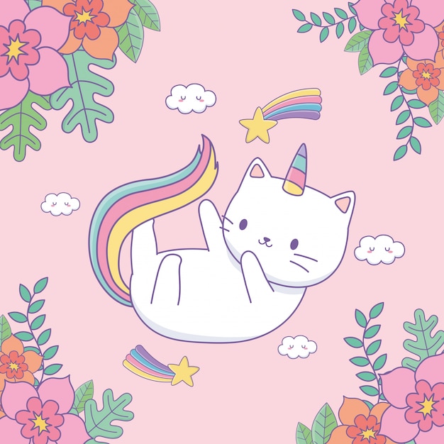 Leuke caticorn met bloemendecoratie en regenboog