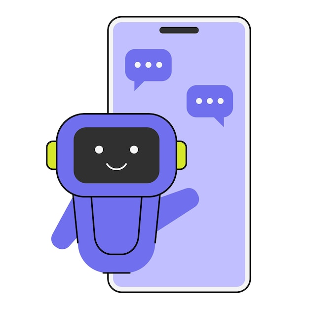 Leuke chatbot personage platte vector illustratie Virtuele assistent AI robot in smartphone