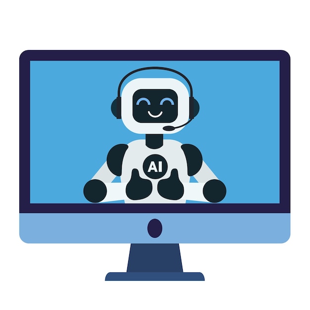 Leuke chatbot robot assistent toont duimen omhoog voor klantenservice op het computer monitor scherm