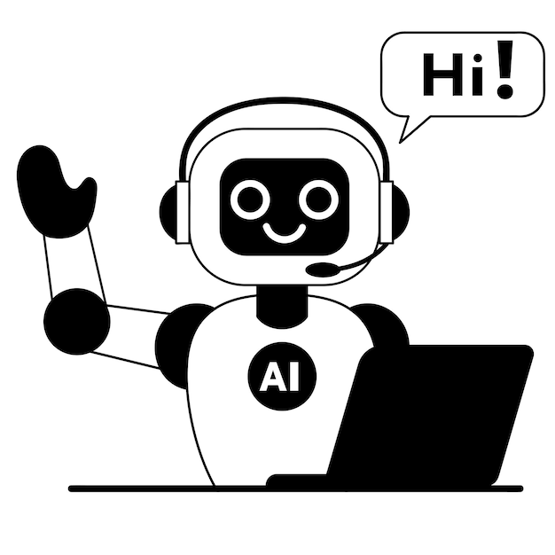 Leuke chatbot robot met laptop die hi zwaait voor klantenservice ai bot helper concept van virtueel