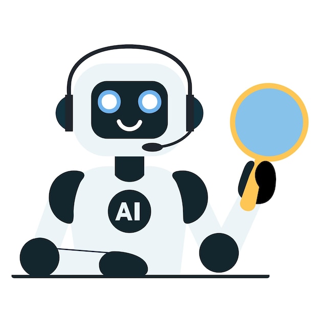 Leuke chatbot zit aan tafel en houdt een vergrootglas vast assistent op zoek naar informatie ai in