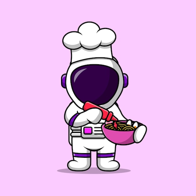 Leuke Chef Astronaut Holding Ramen Noodle Cartoon Vector Icon Illustratie