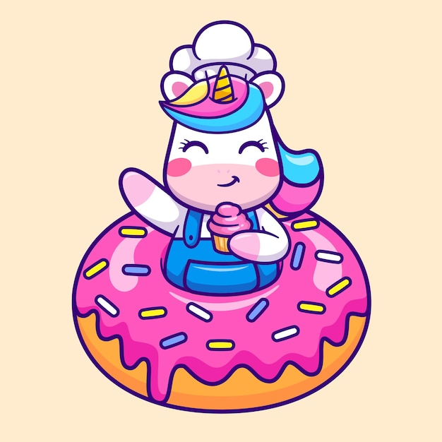 Leuke chef eenhoorn met donut holding cake cartoon vector pictogram illustratie dierlijk voedsel geïsoleerd