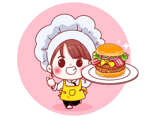 Leuke chef-kok houdt grote hamburger lachend cartoon afbeelding
