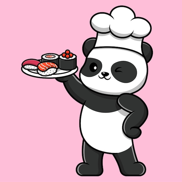 Leuke Chef Panda Holding Sushi Cartoon Vector Icon Illustratie