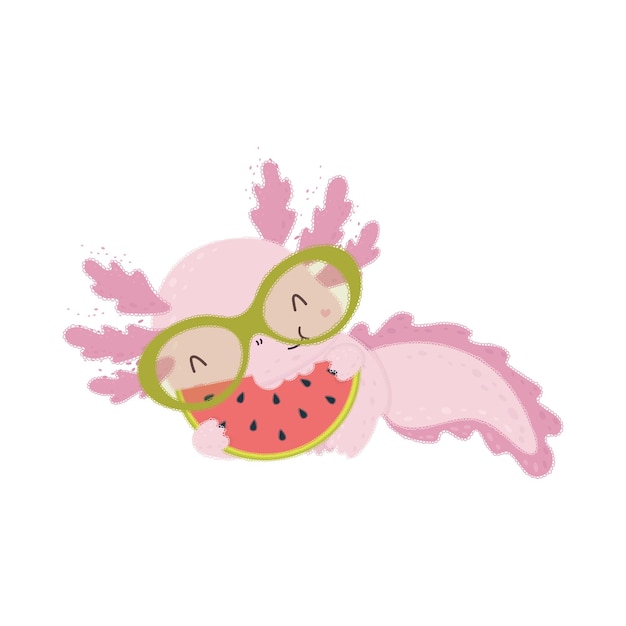 Leuke Clipart Axolotl-illustratie in Cartoon-stijl. Cartoon Clip Art Axolotl met watermeloen wig.