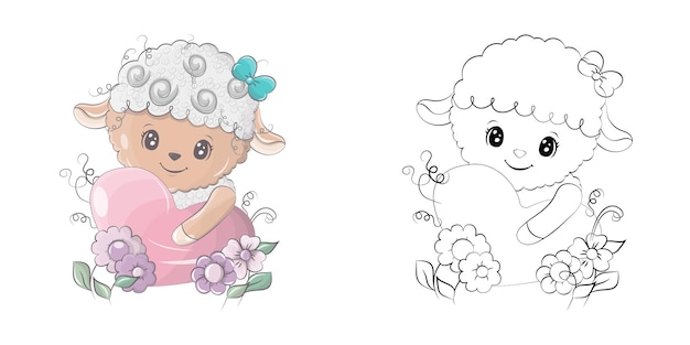 Leuke clipart lam illustratie en voor kleurplaat. Cartoon afbeelding schapen knuffelen een hart.