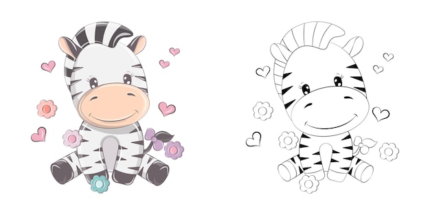 Leuke Clipart Zebra Illustratie en voor de kleurplaat. Cartoon dieren illustratie met bloemen